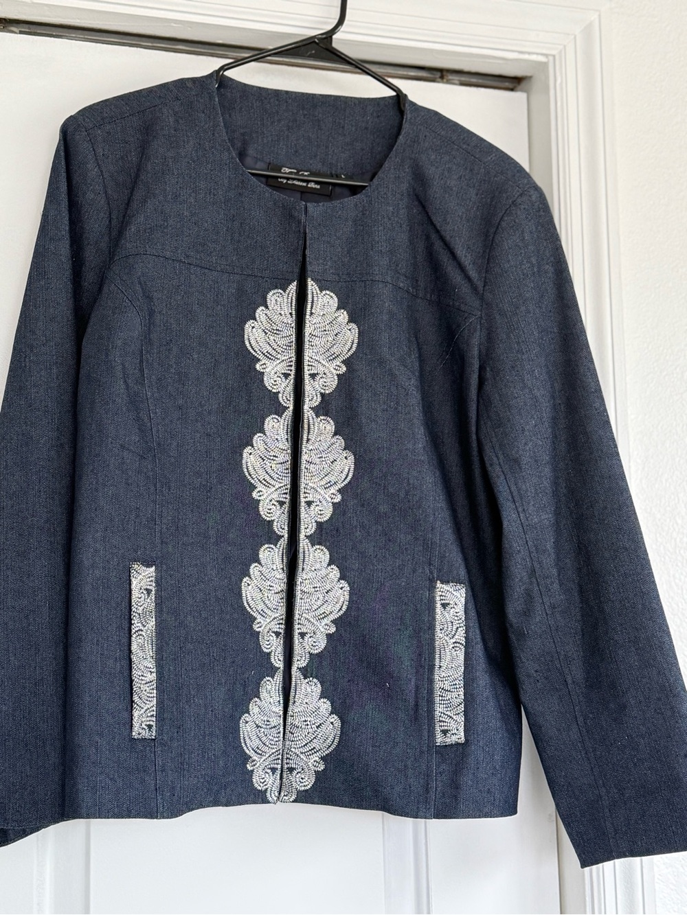 T Renz Denin Dark Navy Embellished Collarless Blazer